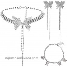 3 Pieces Butterfly Necklace Bracelet Shiny Crystal Choker Pendant Rhinestone Butterfly Earrings Crystal Butterfly Choker Silver Butterfly Pendant Jewelry for Women Girl