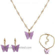 4 Pcs Set Coforful Butterfly Jewelry Set Cute Acrylic Butterfly Pendant Necklace Bracelet Earrings Adjustable Chain Bohemian Necklace for Women Boho Jewelry Valentine's Day Gifts - Purple