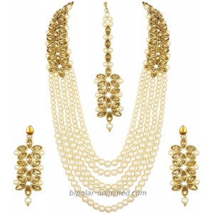 Aheli Classy Faux Kundan Beaded Pearl Long Necklace with Maang Tikka Set Indian Ethnic Wedding Bridal Jewelry for Women