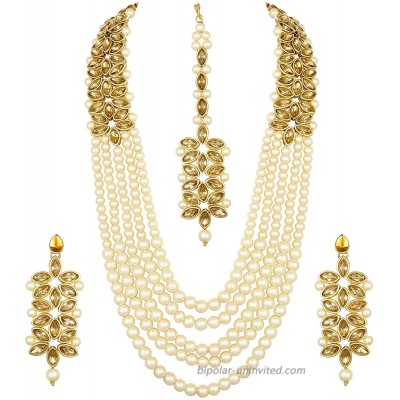 Aheli Classy Faux Kundan Beaded Pearl Long Necklace with Maang Tikka Set Indian Ethnic Wedding Bridal Jewelry for Women