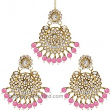 Aheli Exquisite Design Faux Kundan Beaded Earrings Maang Tikka Set Ethnic Indian Jewelry for Women Pink