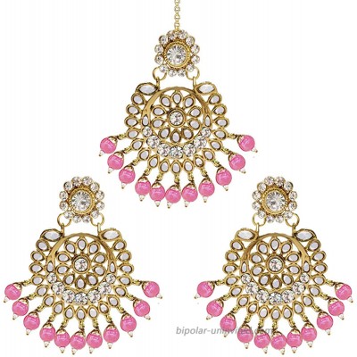 Aheli Exquisite Design Faux Kundan Beaded Earrings Maang Tikka Set Ethnic Indian Jewelry for Women Pink