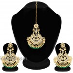 Aheli Indian Wedding Kundan Pearl Maang Tikka with Earring Set Bollywood Party Traditional Jewelry for Women Girls Green