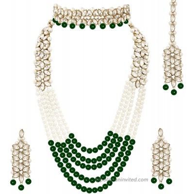 Aheli Wedding Party Wear Bridal Jewellery Choker Long Pearl Necklace Earrings Maang Tikka Indian Traditional Set for Women