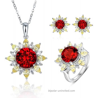 ATTA GEMS 3 pcs 925 Sterling Silver Jewelry Sets for Women Created Ruby Sunflower Necklace Earrings & Rings Set for Girls Bridal Wedding