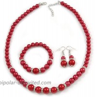 Avalaya Red Glass Bead Necklace Flex Bracelet & Drop Earrings with Crystal Ring Set in Silver Tone - 48cm L 6cm Ext