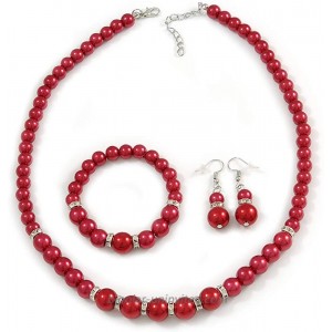 Avalaya Red Glass Bead Necklace Flex Bracelet & Drop Earrings with Crystal Ring Set in Silver Tone - 48cm L 6cm Ext