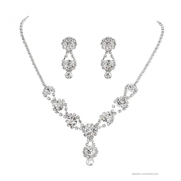 Barode Bridal Wedding Necklace Earrings Set Silver Flower Rhinestone Pendant Necklaces Crystal Bride Jewelry Accessories for Women and Girls
