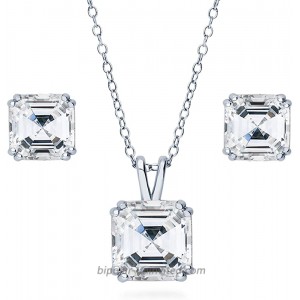 BERRICLE Rhodium Plated Sterling Silver Asscher Cut Cubic Zirconia CZ Solitaire Bridal Bridesmaid Fashion Necklace and Earrings Set
