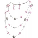 Bocar New Beautiful Fashion 3 Layer Handmade Jewelry Set Long Illusion Necklace Plated Silver-Pink