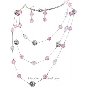 Bocar New Beautiful Fashion 3 Layer Handmade Jewelry Set Long Illusion Necklace Plated Silver-Pink
