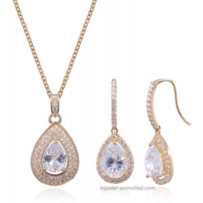 Bridal Jewelry Set for Wedding - 18k Gold Plated Teardrop Cubic Zirconia Crystal CZ Drop Earrings and Pendant Necklace Set for Bride Bridesmaids Mother of Bride Prom Party Formal Jewelry Set for Women