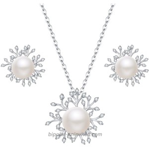 BriLove 925 Sterling Silver Winter Daily Snowflake Jewellery set for Women Freshwater Cultured Pearl CZ Pendant Necklace Stud Earrings Set