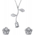 BriLove Vintage Rose Necklace Earrings Jewelry Set 925 Sterling Silver Pendant Necklace Stud Earrings Set for Women