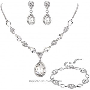 BriLove Women's Wedding Bridal Crystal Teardrop Y-Necklace Tennis Bracelet Dangle Earrings Set Clear Silver-Tone