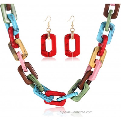 CEALXHENY Chunky Chain Choker Necklace Drop Dangle Earrings for Women Statement Large Marbled Resin Link Necklace and Earrings Set for Party Bridal Wedding Vacation A Multicolor