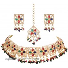 Crunchy Fashion Bollywood Style Traditional Indian Wedding Jewelry Green-Red peal Choker Necklace with Earring & tika Set for Women Girls
