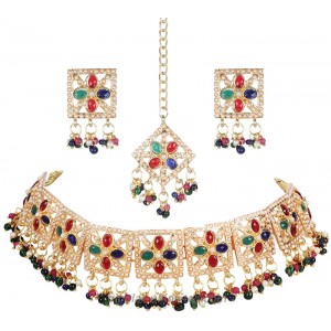 Crunchy Fashion Bollywood Style Traditional Indian Wedding Jewelry Green-Red peal Choker Necklace with Earring & tika Set for Women Girls