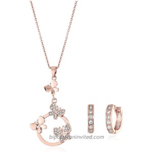 Crystalline Azuria Rose Gold Jewelry Butterflies Jewelry Sets White Zirconia Crystals Pendant Necklace 18 Huggies Earrings 18K Rose Gold Plated Costume Jewelry for Women