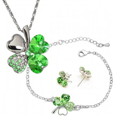 Dahlia Four Leaf Clover Necklace Earrings & Bracelet Set with Crystals from Swarovski Green Jewelry Sets