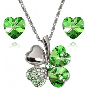 Dahlia Lucky Love Heart Clover Necklace & Earrings Set with Crystals from Swarovski Green Earring And Pendant Necklace Sets
