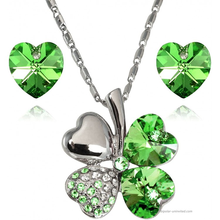 Dahlia Lucky Love Heart Clover Necklace & Earrings Set with Crystals from Swarovski Green Earring And Pendant Necklace Sets