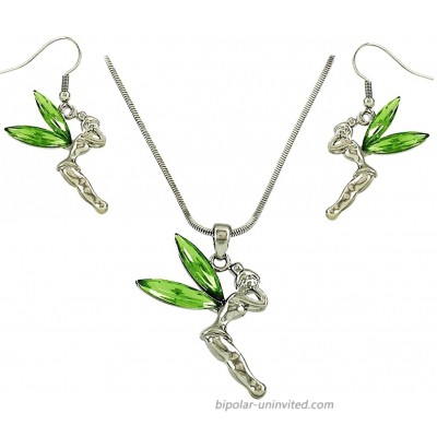 DianaL Boutique Fairy Tinkerbell Pendant Necklace and Earrings Set Green Crystal Tinker Bell Gift Boxed Fashion Jewelry