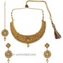 Efulgenz Indian Bollywood Traditional Gold Tone Kundan Pearl Wedding Choker Necklace Earrings Maangtikka Jewelry Set