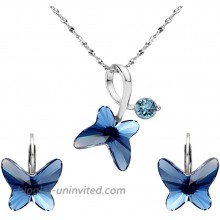 EleQueen 925 Sterling Silver Butterfly Bridal Necklace Leverback Earrings Set Denim Blue Made with Crystals