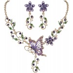 EleQueen Women's Austrian Crystal Butterfly Flower Leaf Necklace Earrings Set Gold-Tone Purple