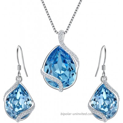 EVER FAITH 925 Sterling Silver Gift Jewelry for Women CZ Twist Teardrop Adjustable Pendant Necklace Earrings Set Aquamarine Color