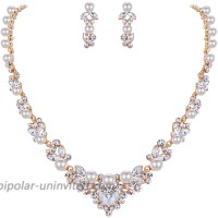 EVER FAITH Bridal Jewelry Set Clear Austrian Crystal Cream Simulated Pearl Leaf Wedding Prom Necklace Earrings Sets Gold-Tone