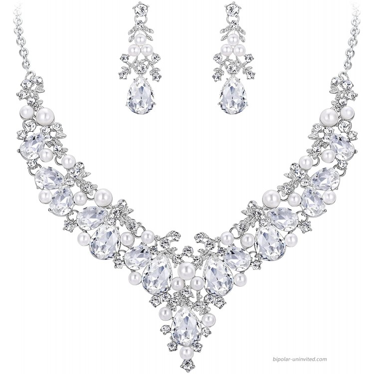 EVER FAITH Crystal Simulated Pearl Gorgeous Bridal Leaf Teardrop Necklace Earrings Set