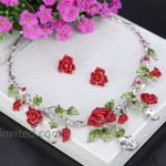 EVER FAITH Silver-Tone Rhinestone Crystal Gorgeous Red Rose Flower Green Leaf Necklace Earrings Set Clear