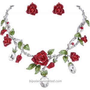 EVER FAITH Silver-Tone Rhinestone Crystal Gorgeous Red Rose Flower Green Leaf Necklace Earrings Set Clear