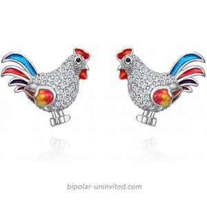 EVER FAITH Women's 925 Sterling Silver CZ Multicolor Enamel Rooster Animal Pierced Stud Earrings Clear