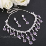 EVER FAITH Women's Cubic Zirconia Gorgeous Water Drop Dangle Necklace Earrings Set Silver-Tone Purple