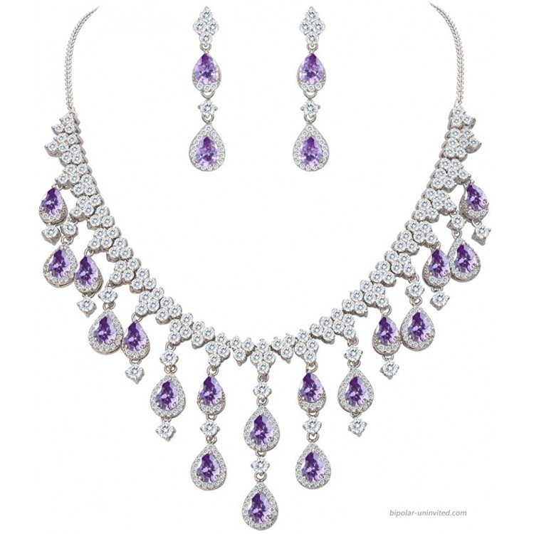EVER FAITH Women's Cubic Zirconia Gorgeous Water Drop Dangle Necklace Earrings Set Silver-Tone Purple