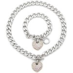 Fashion 21 Women's Pave Filled 3D Heart Pendant 16 Cuban Link Chain & Bracelet Set in Gold Silver Color Plated Necklace & Bracelet Set Silver + AB Tone