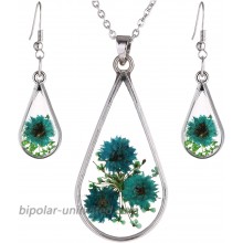 FM FM42 Turquoise Pressed Flowers Teardrop Drop Dangle Earrings Pendant Necklace Jewelry Set FS1003