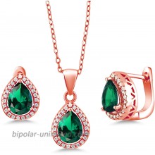 Gem Stone King 18K Rose Gold Plated Silver Pear Shape Green Nano Emerald Pendant Earrings Set 6.50 cttw with 18 Inch Silver Chain