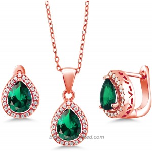 Gem Stone King 18K Rose Gold Plated Silver Pear Shape Green Nano Emerald Pendant Earrings Set 6.50 cttw with 18 Inch Silver Chain