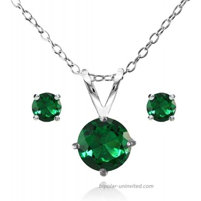 GemStar USA Sterling Silver Simulated Emerald Round Solitaire Necklace and Stud Earrings Set