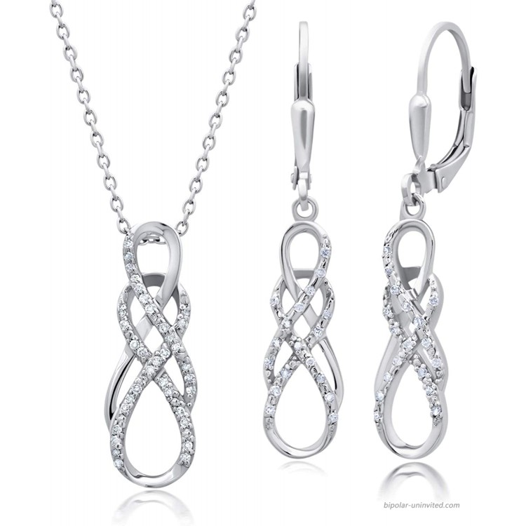 Genuine Diamond Infinity Loop Pendant Necklace and Leverback Drop Earring Boxed Gift Set in Sterling Silver 18