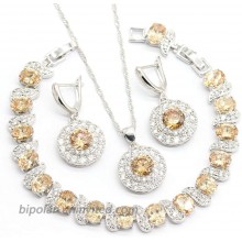 GZJY Women Champagne Round Cut Drop Earrings Pendant Necklace CZ Bracelet Jewelry Set
