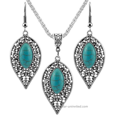 Harlorki Fashion Women Lady Retro Vinrage Turquoise Rhinestone Necklace Earrings Jewelry Set