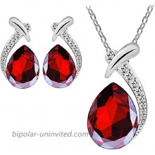 Harlorki Women's Shiny Crystal Rhinestone Silver Plated Pendent Chain Necklace Stud Earring Costume Fashion Jewelry Set Red