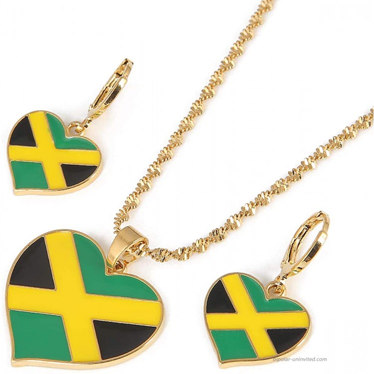 Heart Enamel Jamaica Pendant Necklaces Jewellery Gold Color Jewelry Jamaican Flag Jewelry Pendant with Earring Set
