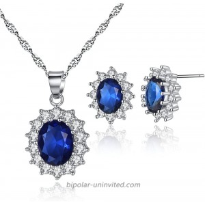 HQLA 18K White Gold Plated Princess Diana William Kate Middleton's Created Blue Necklace and Stud Earrings Jewerly Set for Women Girls Great Gift for Mother's Day