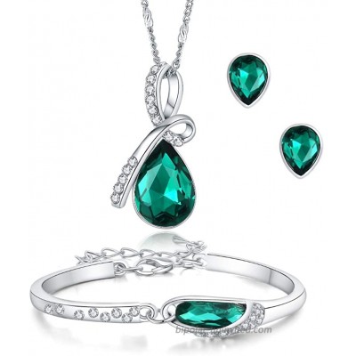 ISAACSONG.DESIGN Silver Tone Healing Crystal Rhinestone Drop Pendant Necklace Bracelet Earring Set for Women Green